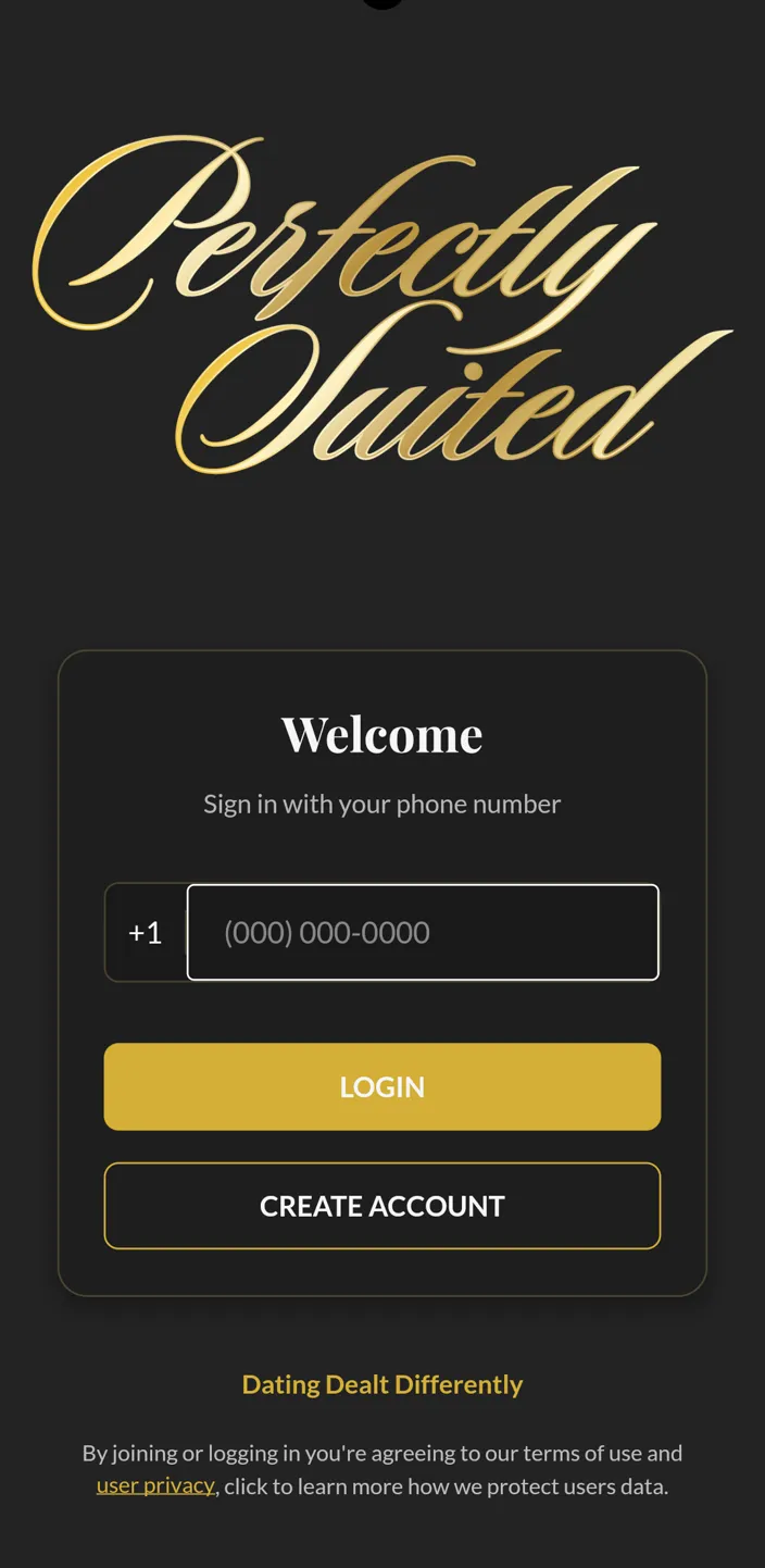 PerfectlySuited app welcome screen with gold script logo and sign-in form